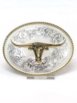 Montana Silversmiths 1350-767H Longhorn Engraved Buckle With Gold Rope Trim Silver