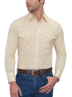 Ely Cattleman 15201905-23 Mens Long Sleeve Solid Western Shirt Ecru