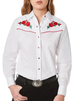 Ely Cattleman 15303801-06 Womens Red Rose Embroidery Long Sleeve Western Shirt White