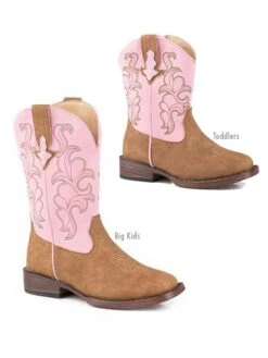 Roper 2784 TA Kids Toddlers Blaze Pink Western Stich Square Toe Boot Tan