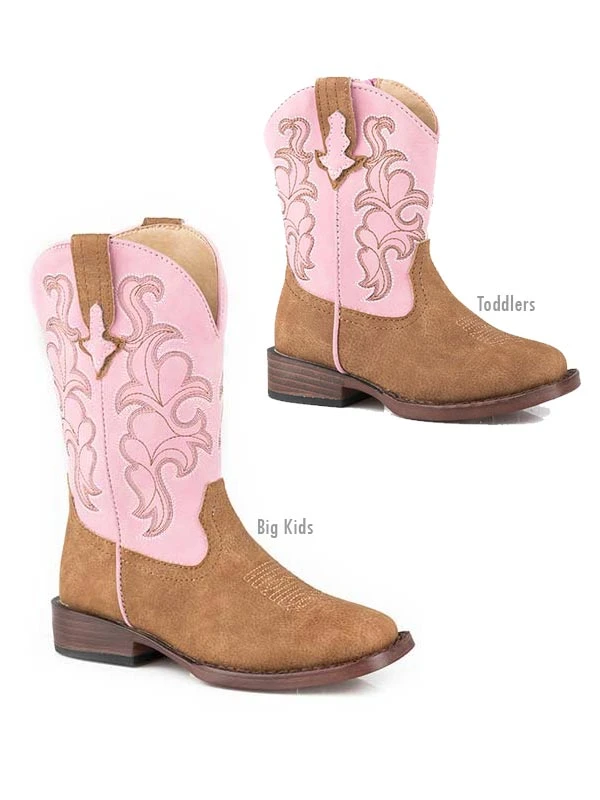 Roper 2784 TA Kids Toddlers Blaze Pink Western Stich Square Toe Boot Tan