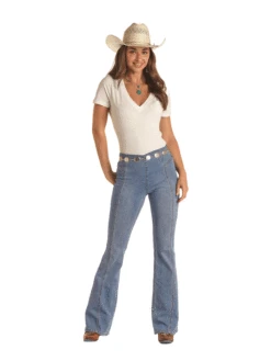 Rock & Roll Denim RRWD6PR0S7 Womens Medium Vintage Pull On Flare Jeans Stone Wash