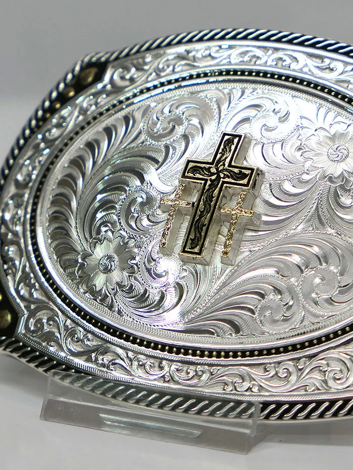 Montana Silversmiths 31210-855 Triple Cross Figure Two Tone Roped Cameo Buckle Silver - Image 2