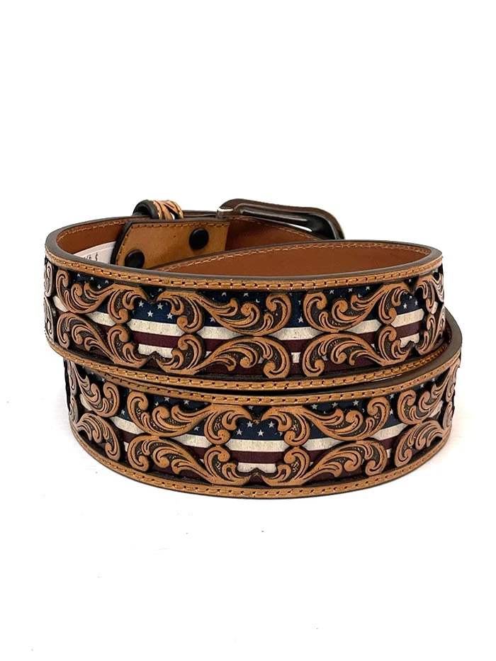 3D D100012408 Mens Tooled Overlay USA Flag Underlay Leather Belt Tan - Image 2