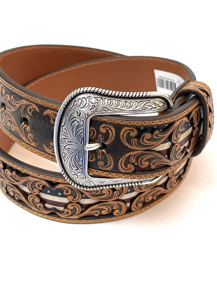 3D D100012408 Mens Tooled Overlay USA Flag Underlay Leather Belt Tan - Image 3