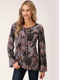 Roper 03-050-0590-1033 Womens Boho Paisley Print Poly Crepe Blouse Black