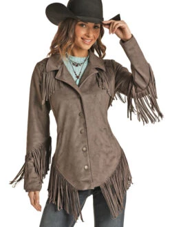 Panhandle 52-1085 Womens Micro Suede Fringe With Welt Pockets And Snaps Jacket Charcoal