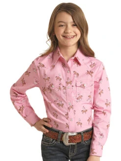 Panhandle WLGSOSR0MY Kids Long Sleeve Print Snap Shirt Pink