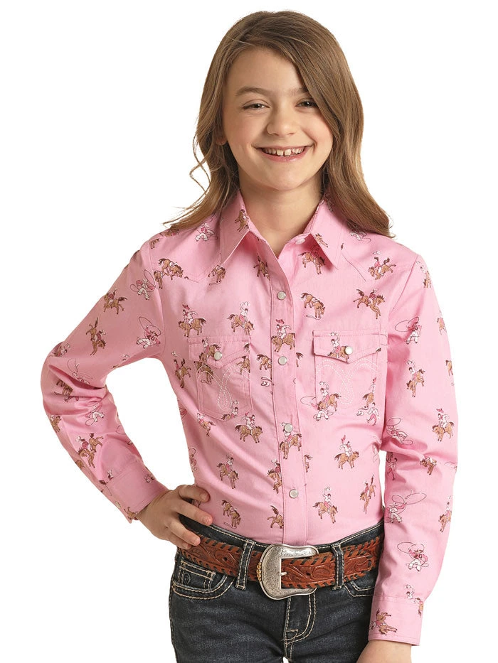Panhandle WLGSOSR0MY Kids Long Sleeve Print Snap Shirt Pink