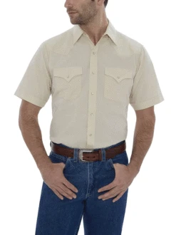 Ely Cattleman 15201605-23 Mens Short Sleeve Solid Western Shirt Ecru