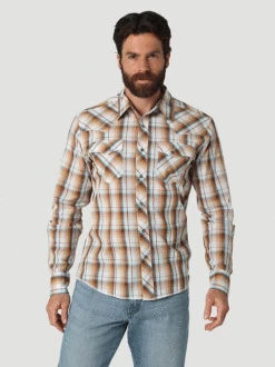 Wrangler 112317070 Mens Snap Plaid Long Sleeve Shirt Rawhide