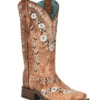 Corral A4398 Ladies Floral Embroidery Square Toe Western Boot Distressed Cognac