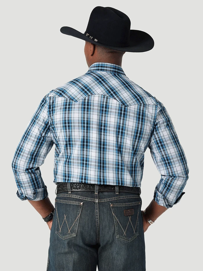 Wrangler 112317073 Mens Snap Plaid Long Sleeve Shirt Chambray Blue - Image 2