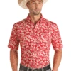 Panhandle 37D3176 Mens Floral Short Sleeve Button Shirts Scarlet Red