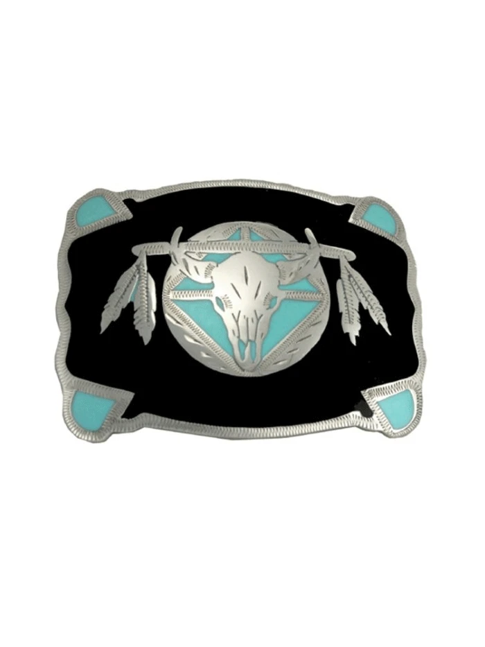Colorado Silver Star 6707-BLL Silver Rectangular Skull Shield And Feathers Buckle Black And Teal