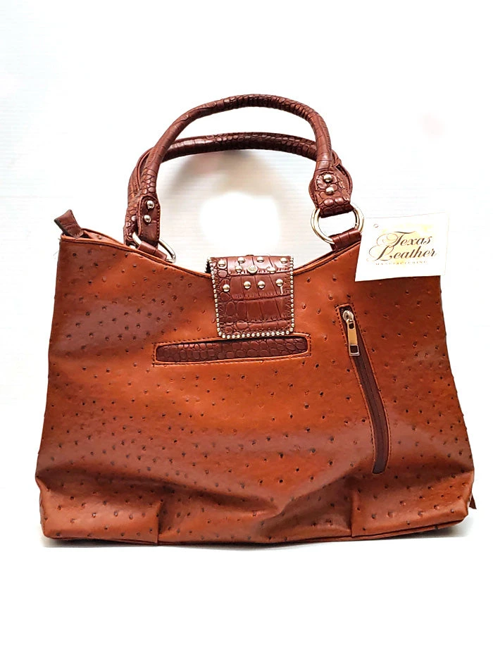 Texas Leather 500337 Womens Ostrich Print Rhinestone Studded Handbag Brown - Image 2