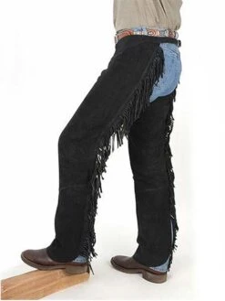 Tough 1 63-88-BK Suede Leather Western Fringe Shotgun Chaps Black