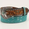 Angel Ranch D140001433 Womens Belt 1 1/2 Buck Stitch Tooled Tabs Calf Hair Turquoise