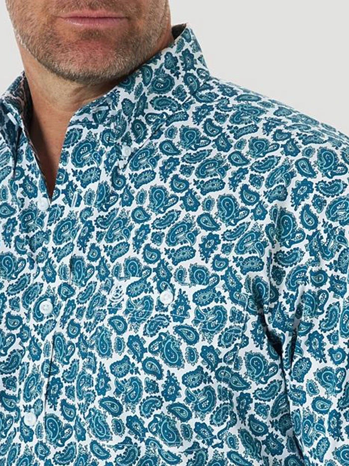 Wrangler MGSQ906 Mens George Strait SS Down One Pocket Print Shirt Emerald - Image 3