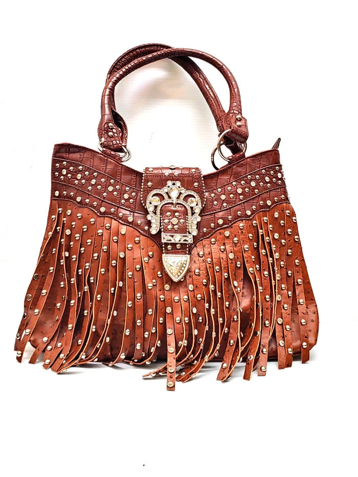 Texas Leather 500337 Womens Ostrich Print Rhinestone Studded Handbag Brown