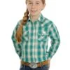 Wrangler GW8040M Kids LS Plaid Snap Shirt Turquoise