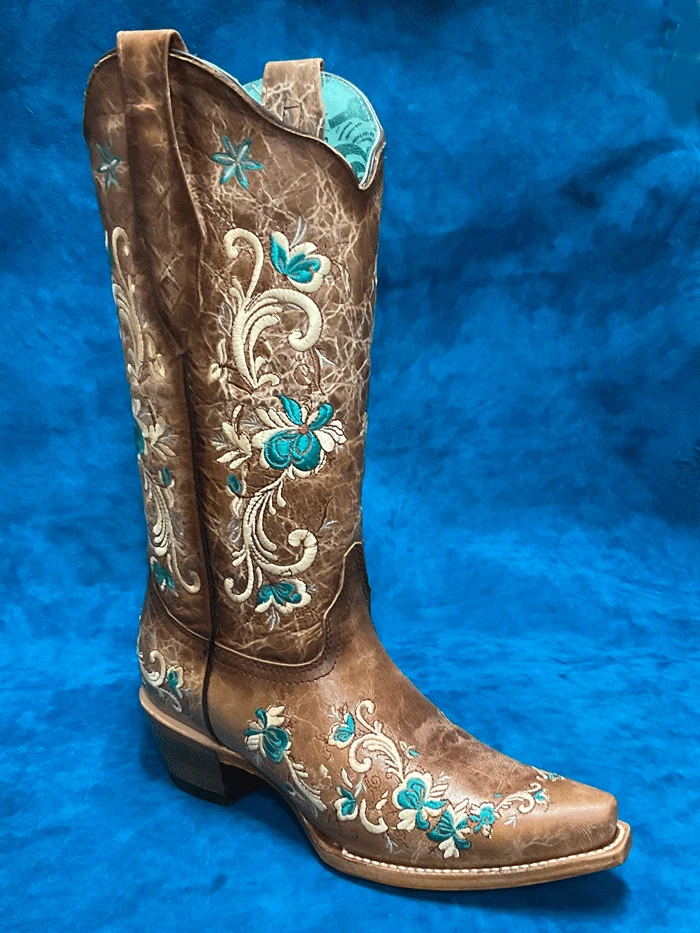 Corral Z5144 Ladies Floral Embroidery Snip Toe Boots Brown