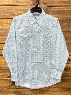 Wrangler 112314974 Kids 20X Advanced Comfort Western Print Shirt Teal