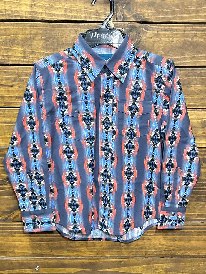 Wrangler 112314896 Kids Long Sleeve Snap Shirt Aztec Print Blue
