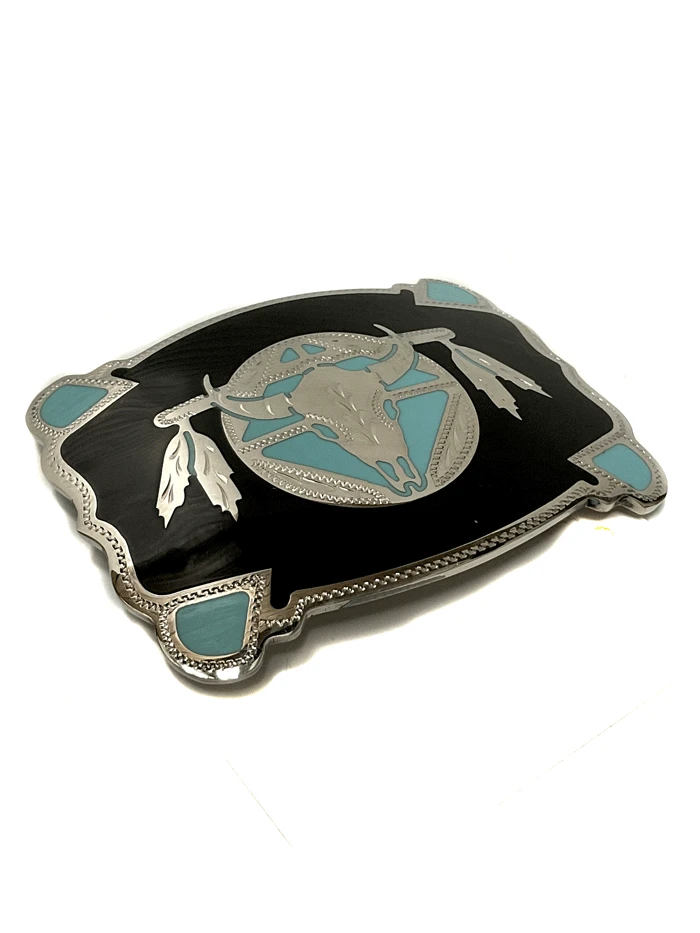 Colorado Silver Star 6707-BLL Silver Rectangular Skull Shield And Feathers Buckle Black And Teal - Image 4