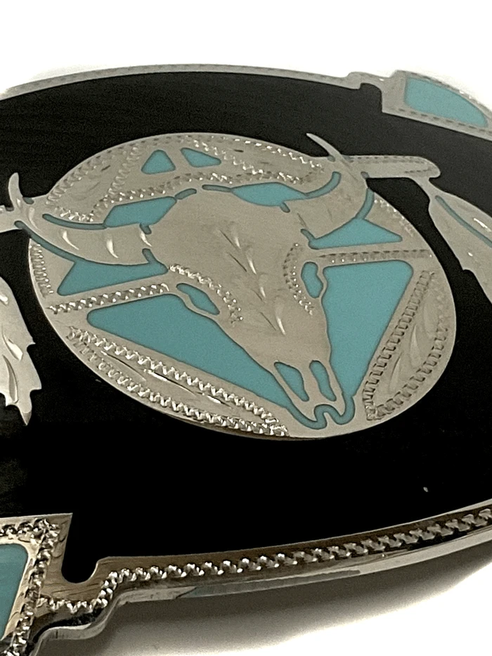 Colorado Silver Star 6707-BLL Silver Rectangular Skull Shield And Feathers Buckle Black And Teal - Image 2
