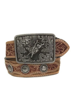 3D D120002302 Kids Hand Tooled Calf Hair And Conchos Belt Brown