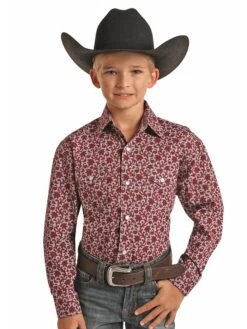 Panhandle C0S1614 Kids Long Sleeve Print Western Snap Shirts Maroon