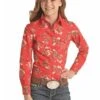 Panhandle C6S2143 Kids Cowboy Print Long Sleeve Snap Shirt Red