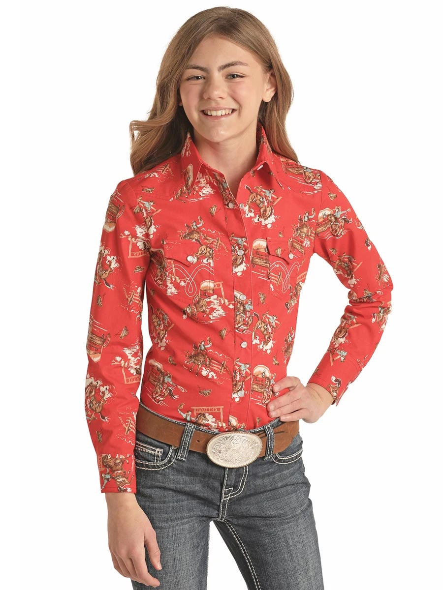 Panhandle C6S2143 Kids Cowboy Print Long Sleeve Snap Shirt Red