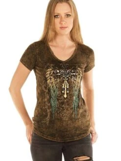 Liberty Wear 7778 Womens Teal Gradient Wings & Cross Top Brown