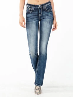 Miss Me M3742B3 Womens Crossing Over Mid-Rise Bootcut Jeans Blue