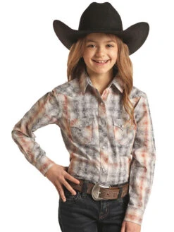 Panhandle R6S2520 Kids Plaid With Paisley Overprint Snap Shirt Grey