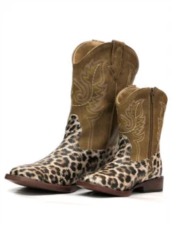Roper 2800 Kids Leopard Print Square Toe Western Boot Tan