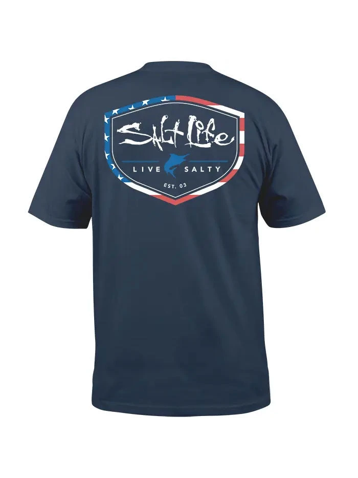 Salt Life SLM10575 Mens AMERISHIELD Short Sleeve Pocket Tee Washed Navy