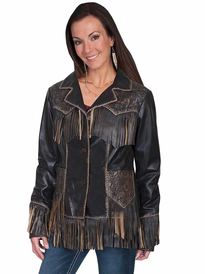 Scully L727-259 Fringe And Tooled Details Brown Western Leather Jacket - (D)