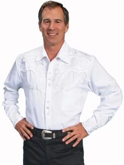 Scully P-634WHT Mens Floral Tooled Embroidery Western Shirt White