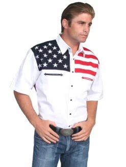 Scully P-756SS Mens Short Sleeve American Flag Shirt White
