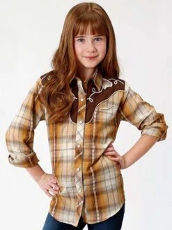 Roper 6003OR Girls Fancy Applique LS Western Plaid Shirt Cream