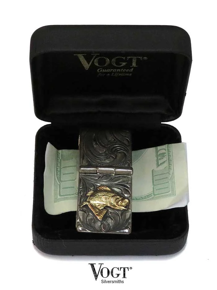 VOGT Hand Engraved Sterling Gold Bass Hinged Money Clip 121-033 - Image 2