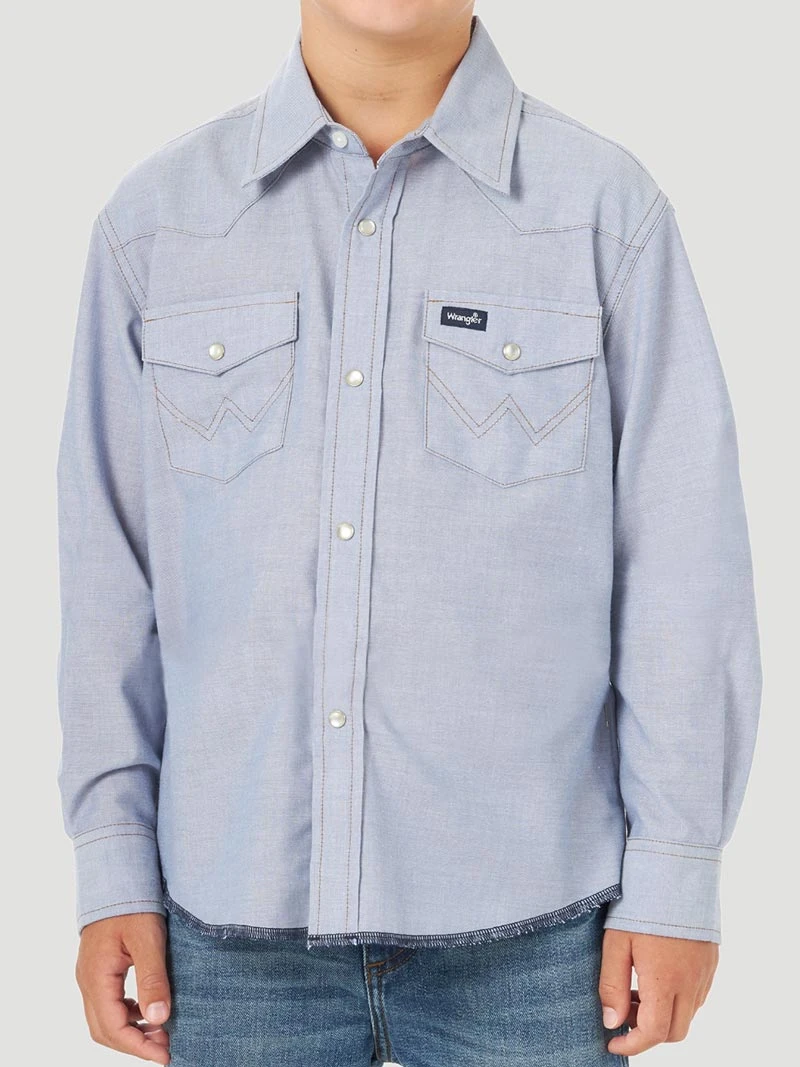 Wrangler BW7013B Boy's Cowboy Cut Western Snap Shirt Blue Chambray