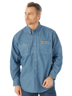 Wrangler FR3W01B Mens Flame Resistant Long Sleeve Work Shirt Blue Chambray