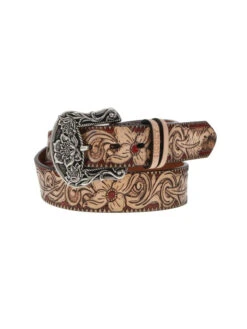 Hooey HWBLT004 Womens Feather & Floral Filigree Embossed Belt & Floral Tongue Buckle Natural Brown Red