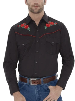 Ely Cattleman 15203901-88 Mens Rose Embroidery Long Sleeve Western Shirt Black