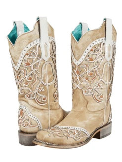 Corral A4165 Ladies Embroidery And Studs Square Toe Western Boot White