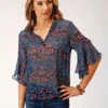 Roper 03-051-0590-3011 Womens Ditzy Floral Print Blouse Blue